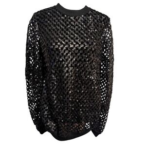 Tory Burch Wool Matte Sequin Mesh Fishnet Shirt Long Sleeve Black XS